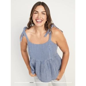 Tie-Shoulder Smocked Gingham Cami Babydoll Swing Blouse